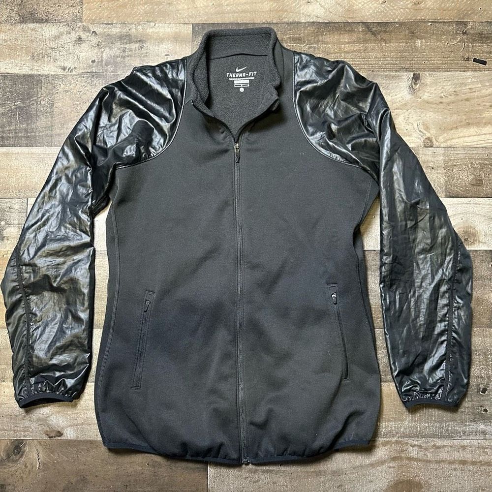 Nike Men’s Large Thermafit Jacket Black Fleece Recycled Sleeves Full Zip Coat